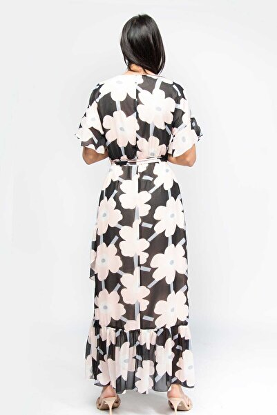 Nichii Long Sleeve Lace Trimmed Lined Chiffon Midi Dress