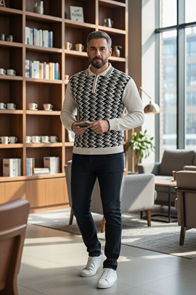 Kamalı Erkek Çelik Örgü Ekose Desenli Gömlek Yaka Fermuarlı Polo Yakalı Tüylenmez Triko Kışlık Baba Kazak