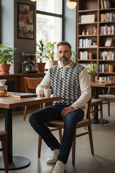 Kamalı Erkek Çelik Örgü Ekose Desenli Gömlek Yaka Fermuarlı Polo Yakalı Tüylenmez Triko Kışlık Baba Kazak