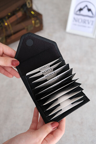 Norvi Leather حامل بطاقات من الجلد الطبيعي من الأكورديون باللون الأسود