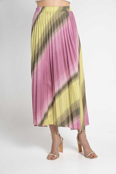 mica Women's Colorful Pleated Midi Skirt with High Waist