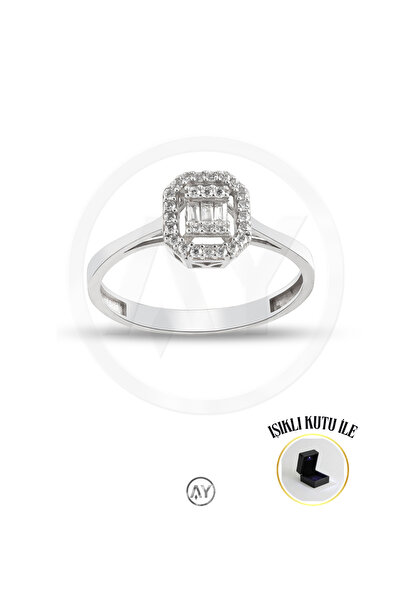 AY MÜCEVHER 8 Ayar Altın Beyaz Baget Yüzük 1.25 gr | Işıklı Kutulu & Garanti Belgeli