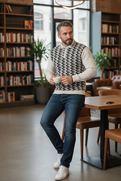 Kamalı Erkek Çelik Örgü Ekose Desenli Gömlek Yaka Fermuarlı Polo Yakalı Tüylenmez Triko Kışlık Baba Kazak