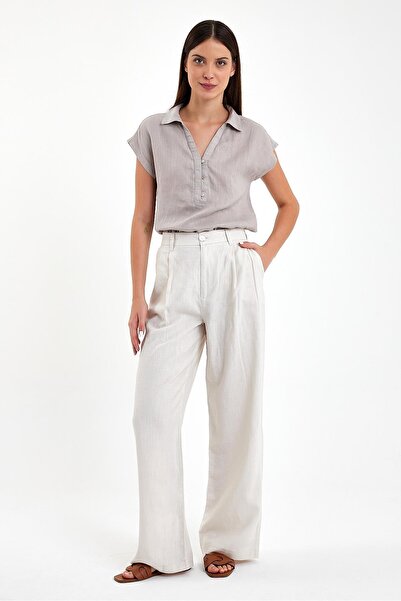 VENA Chloe φαρδύ μπατζάκι Λινό Παντελόνι-Εκρού