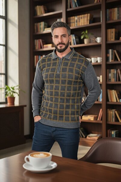 Kamalı Collared Dad Sweater Striped Dad Sweater Dad Knitwear Collared Men's Sweater Polo Collar