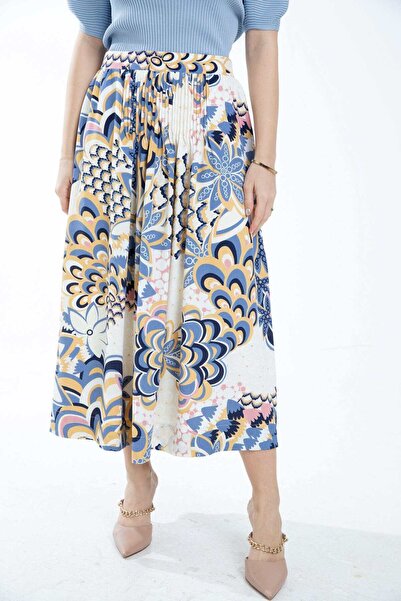 mica Floral Midi Skirt with High Waist and Pleats