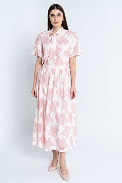 Nichii Women's Short Sleeve Printed Top with Long Neck Tie