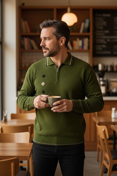 Kamalı Khaki Men's Polo Collar Zippered Intarsia Gofra Patterned Non-Pilling Knitwear Sweater