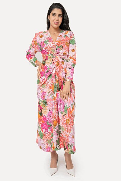 Nichii فستان ماكسي نسائي بأكمام طويلة مزين بالزهور