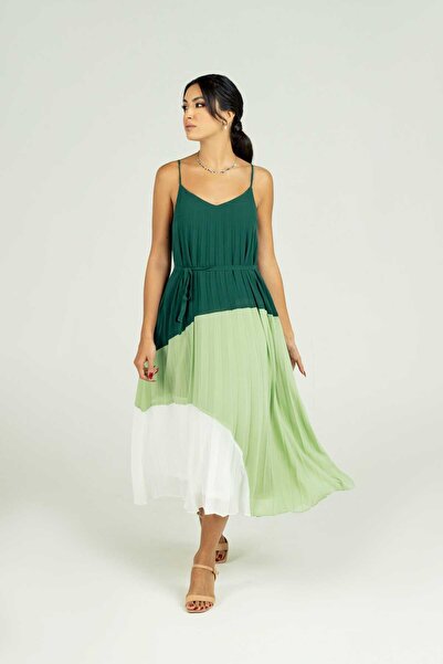 mica Multi-Color Puff Strap Midi Dress with Waist Belt