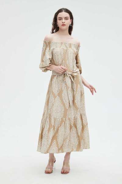 Nichii Printed Midi Dress with Bow at Waist and 3/4 Sleeves