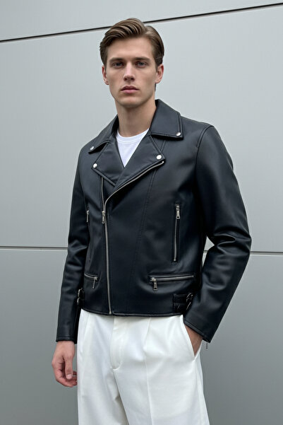 Mach Jachetă de piele pentru bărbați, cu fermoar încrucișat, strânsă, croială...