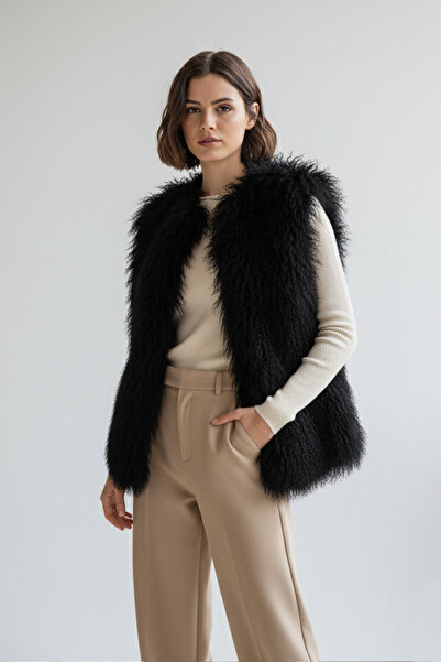 Deriderim Siyah Kadın Nell Tiftik Tüy Bol Kesim Yelek