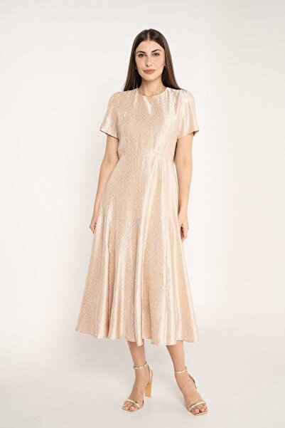 mica Printed Midi Dress with a Cinched Waist and Flare