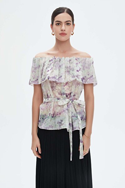Nichii Short Sleeve Chiffon Blouse with Waist Tie