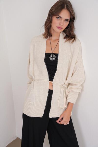 Mixray 6966 Women's V-Neck Rope Tie Knitwear Cardigan Natural