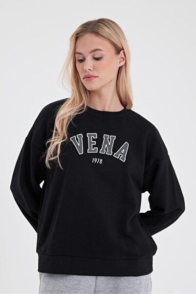 VENA Дамска памучна блуза с велосипедна яка и лого - черна