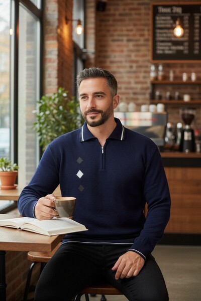 Kamalı Чоловічий трикотажний светр поло на блискавці з коміром на блискавці преміум-класу - візерунок Gofra, захист від пілінгу