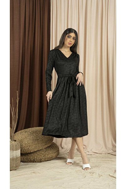 mica Women's Midi Dress with Belt and V-Neck Opening