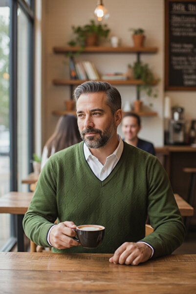 Kamalı Pulover pentru bărbați, kaki, anti-pilling, cu potrivire standard, nor...