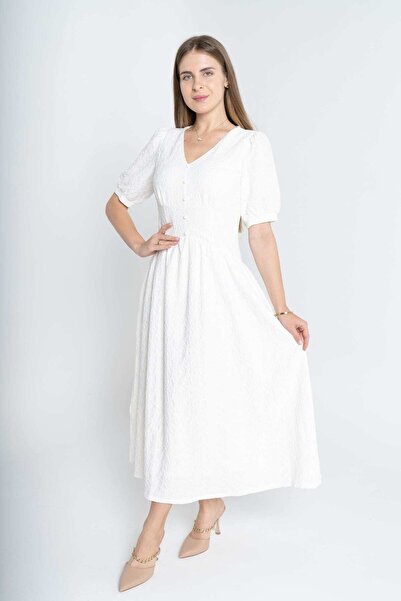 mica فستان نسائي طويل متوسط الطول بأزرار أمامية وخط خصر.