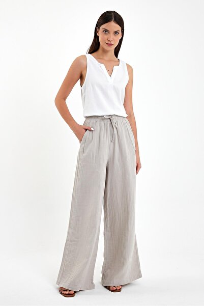 VENA Παντελόνι Gigi ψηλόμεσο φαρδύ μπατζάκι μουσελίνα-πέτρα