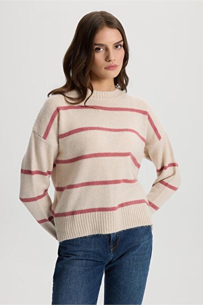 VENA Anita Crew Neck Knitwear Sweater-Bone - Pink Striped