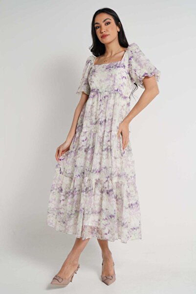 Nichii فستان متوسط الطول بنقشة الزهور بأكمام قصيرة