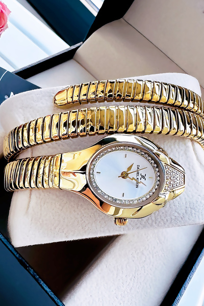 Daniel Klein Snake Model Women's Wrist Watch, Waterproof Gold Color Steel Band - Bracelet Gift Dkby2045C1