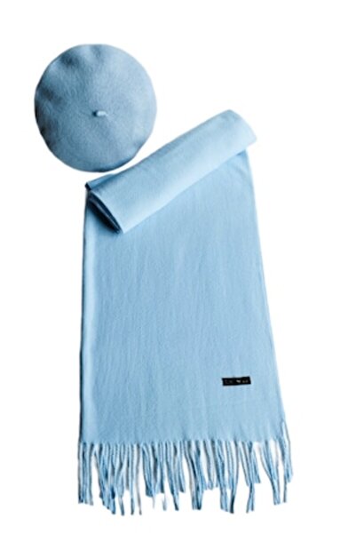 OEM Șal din cașmir albastru cu beretă asortată, 200 x 75 cm