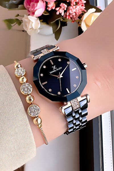 Daniel Klein Taşlı Kesme Cam Su Geçirmez Kadın Kol Saati Lacivert Renk Çelik Kordon Hediye Bileklik DKBY2038C5