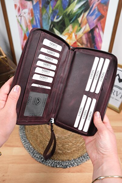Norvi Leather Tutamaçlı Çok Bölmeli Hakiki Deri Lüks El Çantası Mürdüm 1098