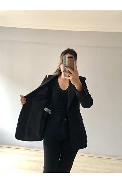 Gözde Tasarım Butik SİYAH RENK BELDEN OYURAN ASTARLI PREMİUM BLAZER CEKET