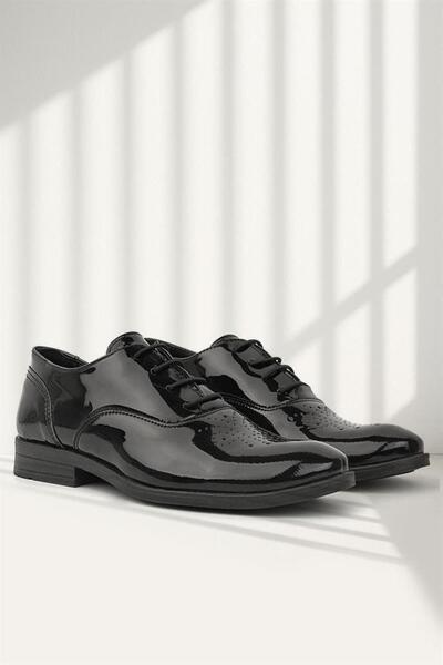 Rakerplus Μαύρο λουστρίνι με σχέδιο - Παιδικά κλασικά παπούτσια με κορδόνια