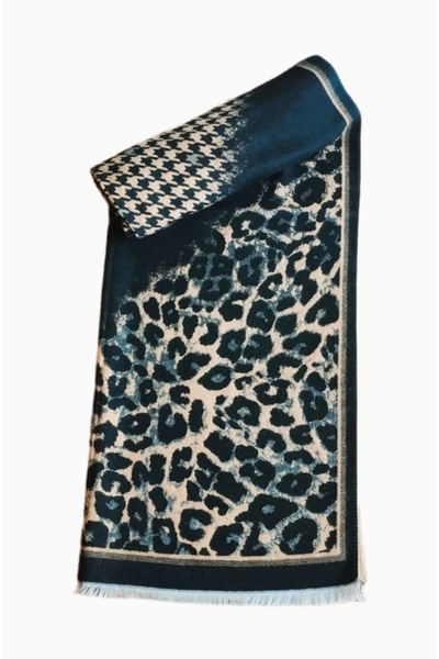 OEM Sal din vascoza negru cu bej, print leopard si pied du coq, 195 x 65 cm