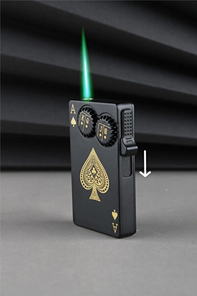 İNDİRİM CENTER Yeni Özel Tasarım Yeşil Alevli İskambil Kartı Poker Temalı Gazlı Metal Jet Çakmak