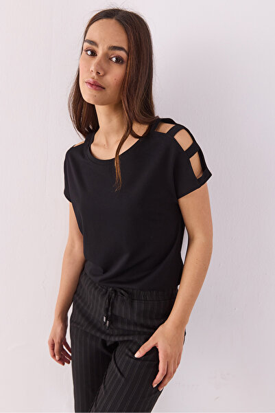 VENA Elsa Μπλούζα Modal με Λαιμόκοψη Crew και Λεπτομέρειες στον Ώμο (TENCEL)(TM) - ΜΑΥΡΟ