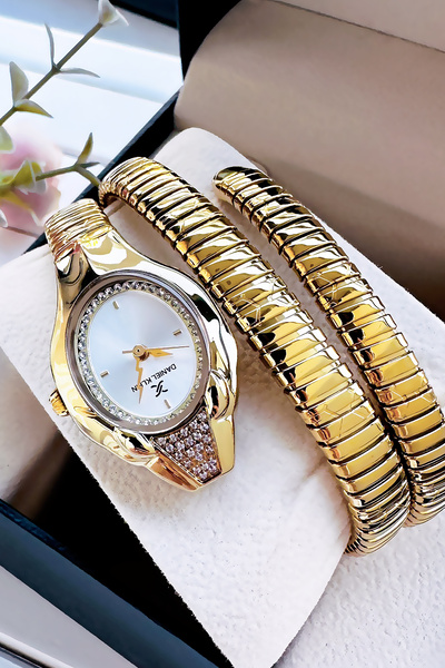 Daniel Klein Snake Model Women's Wrist Watch, Waterproof Gold Color Steel Band - Bracelet Gift Dkby2045C1