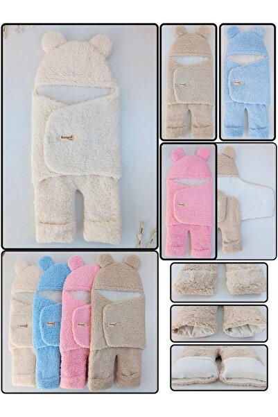 Tomuycuk 0-12 Ay Içi Elyaflı Peluş Welsoft Kulaklı Mavi Dış Bebek Kundak & Battaniyesi Kışlık Uyku Tulumu