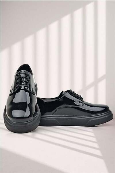 Rakerplus Черни лачени кожени дерби обувки - класически детски обувки, черна подметка