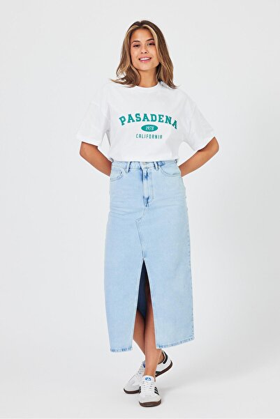 VENA Fusta creion din denim cu fante Rita Midi Boy Med Blue-Med Blue