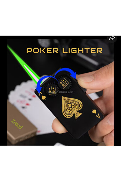 İNDİRİM CENTER Yeni Özel Tasarım Yeşil Alevli İskambil Kartı Poker Temalı Gazlı Metal Jet Çakmak