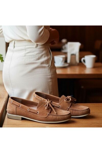 NE&VE SHOES Taba Süet Hakiki Deri Bağcıklı Makosen Kadın Kolej Loafer