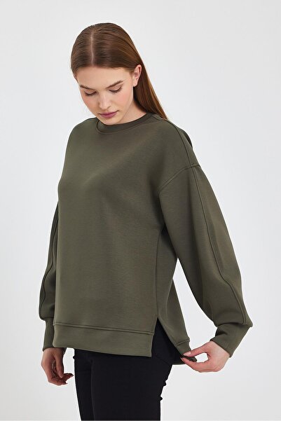 VENA Women's Crew Neck Sweatshirt with Side Slits and Soft Texture (Cupro)-Khaki