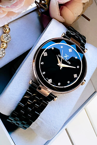 Daniel Klein ساعة يد نسائية أصلية، حزام فولاذي أسود اللون مقاوم للماء من الزجاج المقطوع - هدية سوار معصم DKBY2049C6