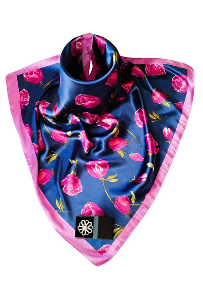 OEM Eșarfă din mătase satinată multicoloră cu imprimeu floral și inel cu perle argintii, 60x60 cm