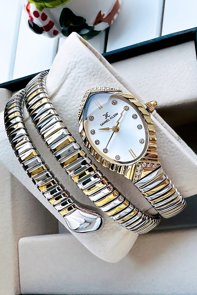 Daniel Klein Snake Watch Model - Women's Wrist Watch, Waterproof Gold Gumus Steel Band - Bracelet Gift Dkby2046C3