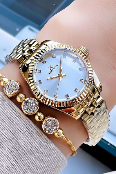 Daniel Klein Küçük Kasa Kadın Kol Saati 3 Atm Su Geçirmez Gold Renk Çelik Kordon + Bileklik Hediyeli DKBY2008C7