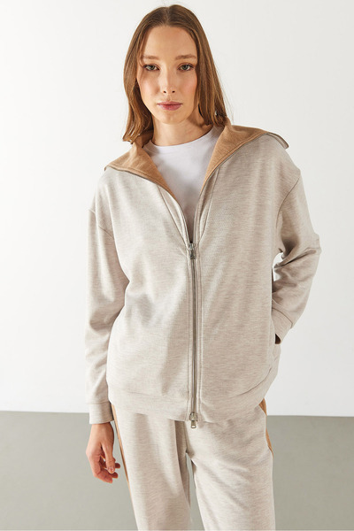 VENA Women's Polo Neck Long Jacket with Zipper Front and Contrast Piece - Ecru Melange