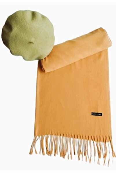 OEM Set eșarfă din cașmir galben-muștar cu beretă asortată în stil francez, 200 x 75 cm